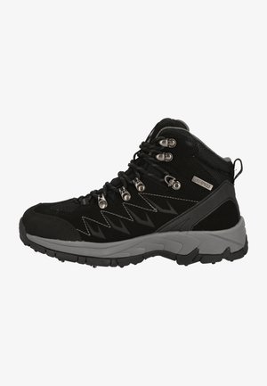 Scarpe da trekking nere con tomaia sintetica in tessuto a rete, accessori in argento, design a caviglia alta e suola in gomma grigia resistente.