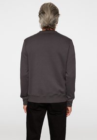 Grå sweatshirt med rundad halsringning, ribbade ärmslut och fåll. Slät textur utan synliga mönster. Bärs över svarta byxor.