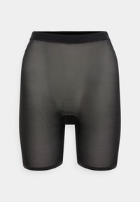 Svarte, gjennomsiktige shorts laget av lett, elastisk stoff med bred elastisk midje og glatt tekstur, med en pustende design.