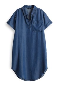 Dunkelblaues Denim-Kleid mit Kragen, kurzen umgeschlagenen Ärmeln, einer einzelnen Brusttasche und einem abgerundeten Saum.