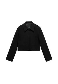 Veste courte noire en tissu, avec col, manches longues et deux poches avant. Design simple et structuré.