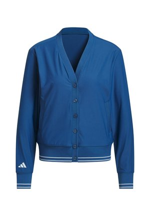 Blue sports jacket in a smooth, lightweight fabric. Features a V-neck, front button closure, and striped accents on cuffs and hem.
