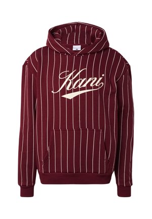 Vinrød hættetrøje med hvide lodrette nålestriber, stor frontlomme, hætte og hvid kursiv "Kani"-logo på tværs af brystet.