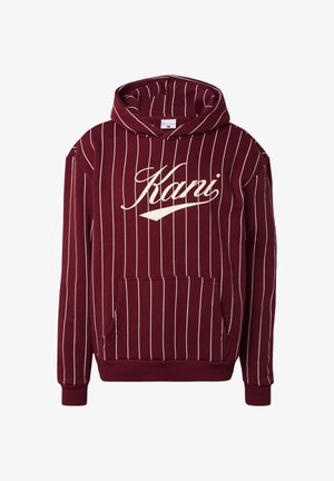 Vinrød hættetrøje med hvide lodrette nålestriber, stor frontlomme, hætte og hvid kursiv "Kani"-logo på tværs af brystet.