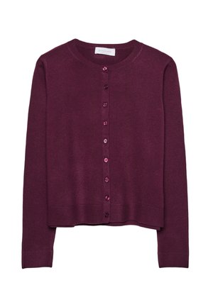 Cardigan lavorato bordeaux con scollo rotondo, maniche lunghe e bottoni perlati lungo la parte anteriore. Dettagli a coste sull'orlo e sui polsini.
