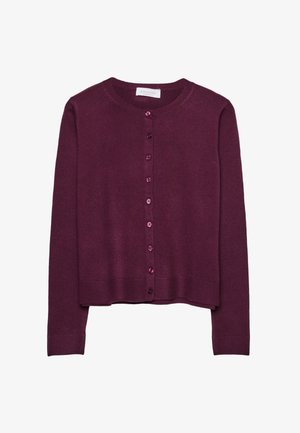 Bordeaux gebreide cardigan met een ronde hals, lange mouwen en parelvormige knopen aan de voorkant. Ribgebreide details aan de onderrand en mouwen.