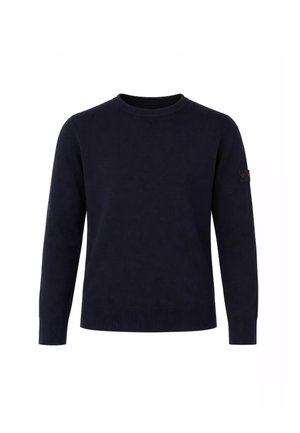 Maglione a maniche lunghe blu navy scuro con scollo rotondo e polsini, orlo e collo a coste, mostrato su sfondo bianco semplice.