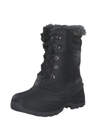 Zwarte winterboot met een gestructureerde leren bovenkant, een nep-bont kraag, zes metalen oogjes voor veters en een stevige rubberen zool.