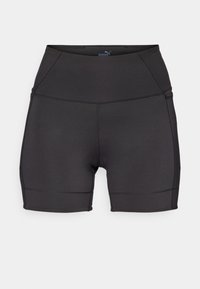 Černé sportovní šortky vyrobené z elastického materiálu, s vysokým pasem a plochými švy pro pohodlí a oporu během aktivit.