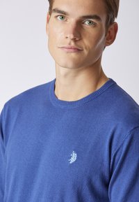 Maglione lavorato a maglia blu con scollo rotondo e mansuete a coste. Presenta un piccolo logo ricamato sul petto. Texture liscia.