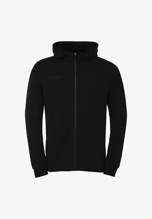 Sweat à capuche noir avec fermeture éclair intégrale, poches avant, poignets ajustés, capuche et logo discret de la marque sur le côté gauche de la poitrine.