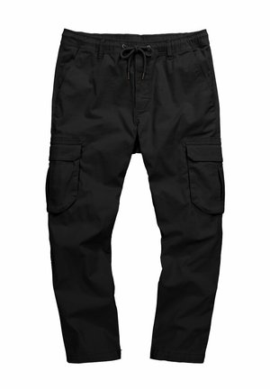Pantalones cargo negros hechos de una tela ligera, que cuentan con dos grandes bolsillos laterales, una cinturilla elástica con cordón ajustable y piernas ajustadas.