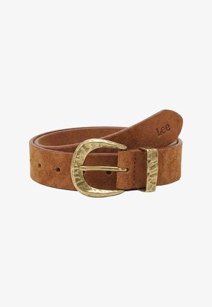 Brown suede belt with hammered gold buckle, five adjustment holes, and "Lee" embossed on the belt tip.