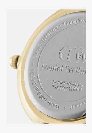 Aranyszínű óra hátlap ezüst részletekkel. A gravírozott szöveg tartalmazza a "Daniel Wellington" márkanevet és a sorozatszámot, valamint a vízállósági adatokat.
