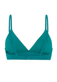 Bralette triangular en color verde azulado con tirantes finos ajustables, banda inferior texturizada y cierre de gancho. Material liso con un diseño minimalista.