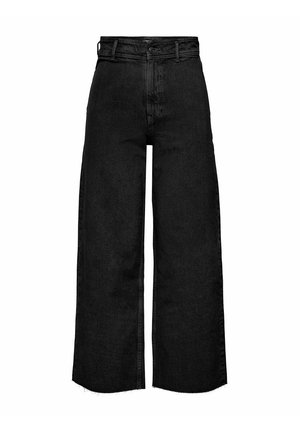 Czarne, szerokie spodnie dżinsowe z wysokim stanem, surowymi wykończeniami na dole, zapinane na guziki i zamek z przodu, z szlufkami na pasek i klasycznym wzorem pięciu kieszeni.