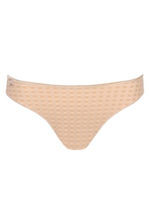 Beige checkered bikini bottom with a smooth texture, featuring a delicate lace trim at the waistband and a small decorative accent.