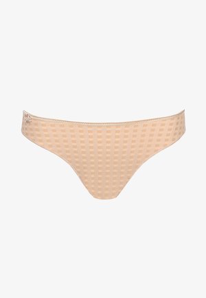 Bikini bottom a scacchi beige con una texture liscia, caratterizzato da un delicato bordo in pizzo in vita e un piccolo accento decorativo.