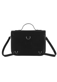 Bandolera de cuero negro con un diseño plano, asa superior, correa de hombro ajustable y acentos en hardware de tono plateado.