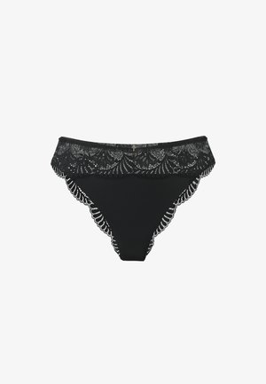 Zwart kanten ondergoed met een gegolfde tailleband, voorzien van ingewikkelde bloemmotieven en een gladde stof.