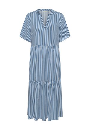 Modré a bílé pruhované šaty s výstřihem do V, krátkými rukávy, vícedílnou sukní a volným střihem, vyrobené z lehké látky.