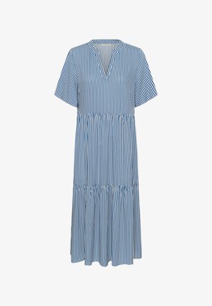 Paski niebiesko-białej sukienki w serek, z krótkimi rękawami, spódnicą w warstwach i luźnym krojem, wykonanej z lekkiego materiału.