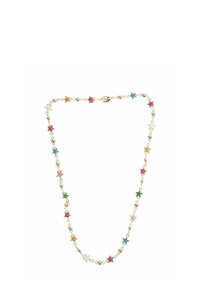 Collana tono oro con pendenti a forma di stella colorati in rosa, verde, blu, arancione e trasparente, intervallati da piccole perline.