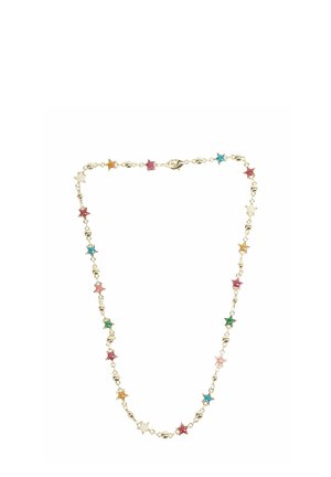Collana tono oro con pendenti a forma di stella colorati in rosa, verde, blu, arancione e trasparente, intervallati da piccole perline.