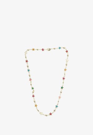 Collana tono oro con pendenti a forma di stella colorati in rosa, verde, blu, arancione e trasparente, intervallati da piccole perline.