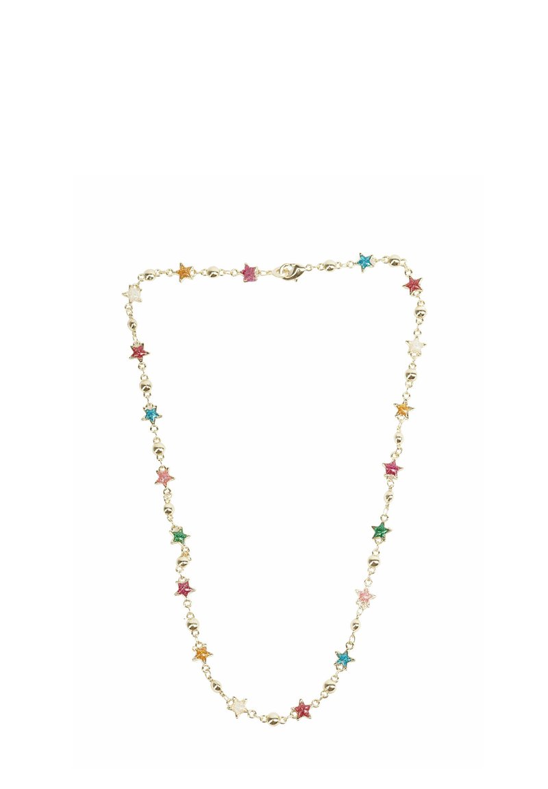 Collana tono oro con pendenti a forma di stella colorati in rosa, verde, blu, arancione e trasparente, intervallati da piccole perline.