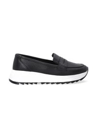 Czarne buty wsuwane z teksturowanym górnym materiałem z siateczki, gładkimi akcentami i białą gumową podeszwą z ząbkowaną krawędzią dla lepszej przyczepności.