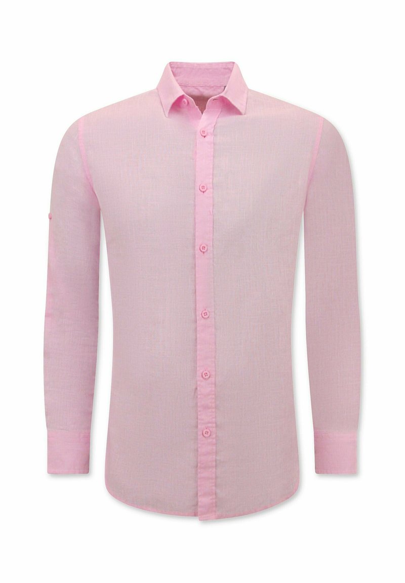 Lichtroze langomslag blouse. Beschikt over een klassieke kraag, volledige knoopsluiting en een textuurstof. Zichtbare knoopdetails op de manchetten.