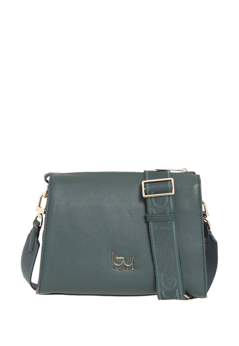 Borsa a tracolla verde in pelle con dettagli in oro, caratterizzata da un logo e da una tracolla regolabile con una decorazione a motivo. Forma rettangolare.