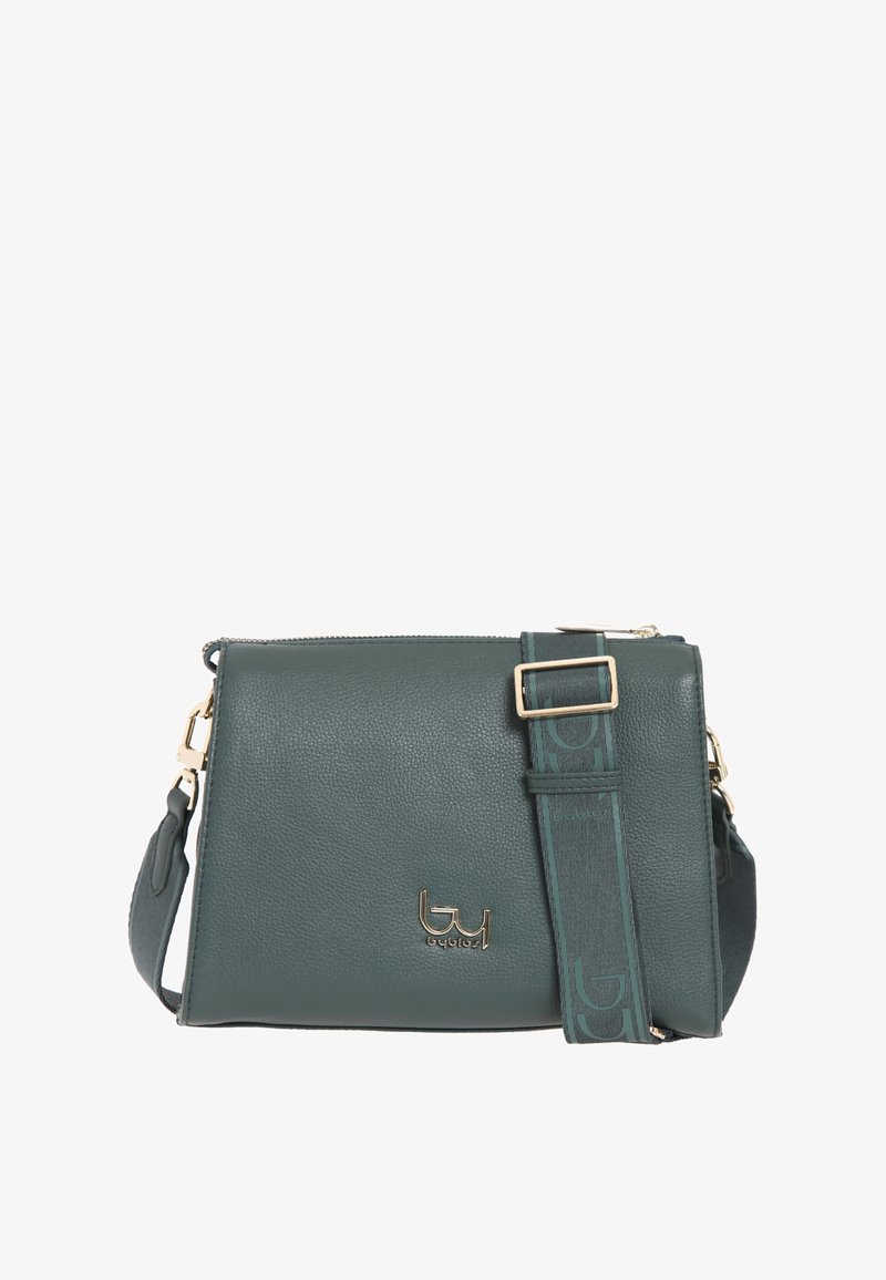 Borsa a tracolla verde in pelle con dettagli in oro, caratterizzata da un logo e da una tracolla regolabile con una decorazione a motivo. Forma rettangolare.