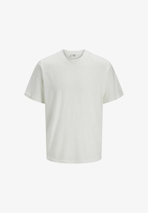 Weißes Baumwoll-T-Shirt mit Rundhalsausschnitt, kurzen Ärmeln und lockerer Passform. Glatte Textur, minimalistisches Design, keine sichtbaren Muster oder Logos.