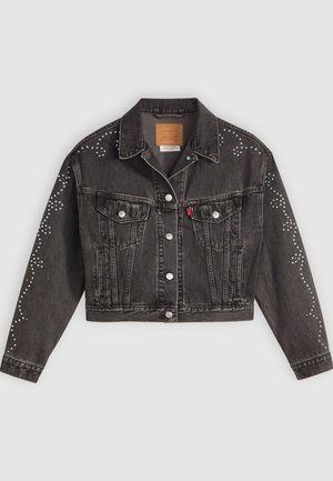 Svart denimkort jacka med silvernitar som bildar stjärnmönster på axlar och ärmar, knappstängning fram och bröstfickor.