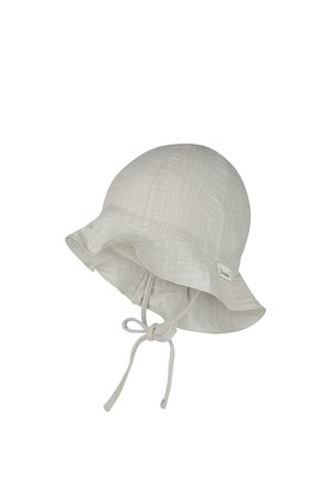 Hellbeiger, strukturierter Baby-Sonnenhut mit welligem Rand und gebundenen Kinnriemen, versehen mit einem kleinen Stoffetikett an der Seite.