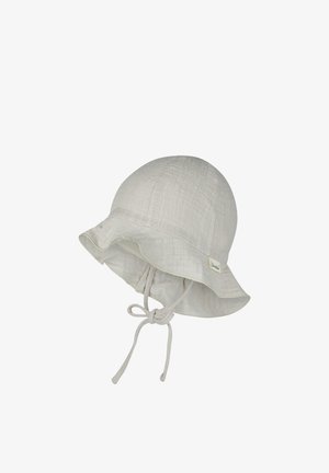 Light beige textured baby sun hat with a wavy brim and tied chin straps, featuring a small fabric label on the side.
