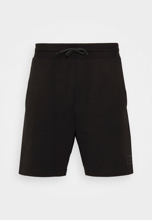 Shorts noirs en tissu mélangé de coton, dotés d'une taille élastique avec cordon de serrage, de poches latérales et d'un logo carré brodé sur la jambe.
