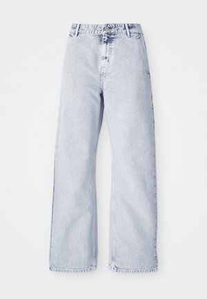 Light blue denim wide-leg jeans with a high waist, button closure, and five-pocket design. Soft texture and visible stitching details.