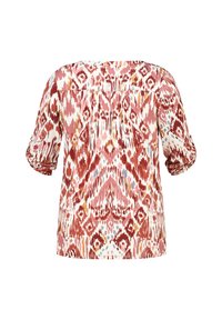 Losse, driekwartmouw top van lichtgewicht stof. Kenmerkt zich door een kleurrijk ikatpatroon in tinten van rood, roze en geel.