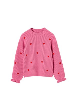 Pink knitted sweater with long ruffled sleeves, decorated with small red heart patterns scattered across the front and sleeves.