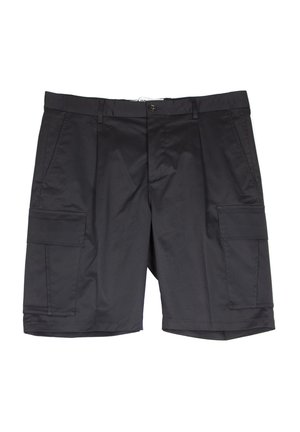 Schwarze Cargo-Shorts aus leichtem Stoff mit zwei seitlichen Taschen, zwei großen Cargo-Taschen, einem Knopfverschluss und geradem Schnitt.
