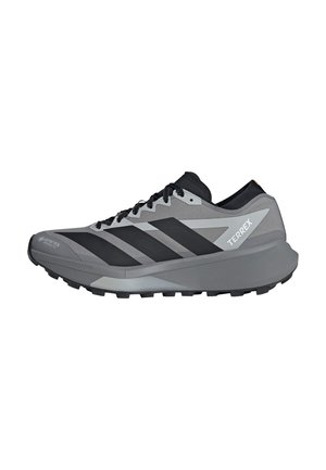 Grauer und schwarzer Adidas Terrex Trailrunning-Schuh mit dicker Sohle, schwarzen Schnürsenkeln und Gore-Tex-Branding im Zehenbereich.