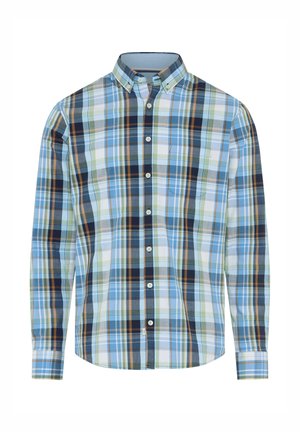 Langärmliges Hemd zum Knöpfen mit kariertem Muster in Blau, Grün, Weiß und Senfgelb sowie einer Brusttasche vorne.