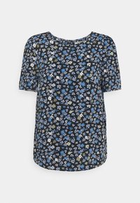 Blouse noire à manches courtes avec un col rond, présentant un petit motif floral en bleu, blanc et vert olive.
