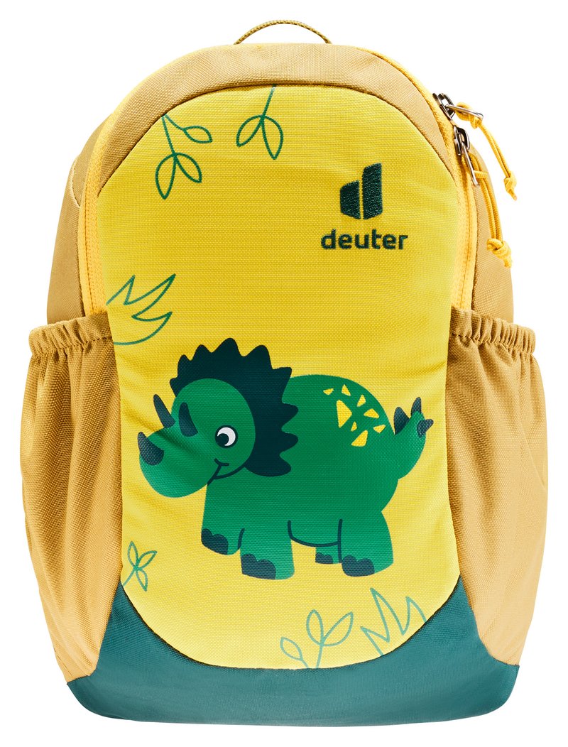 Sac à dos jaune avec un motif de dinosaure, fabriqué en tissu durable. Présente un fond vert et une poche latérale en mesh. Logo de la marque affiché de manière proéminente.