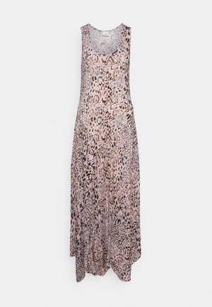 Ärmelloses langes Kleid mit rundem Ausschnitt und einem rosa-braunen Leopardenmuster.