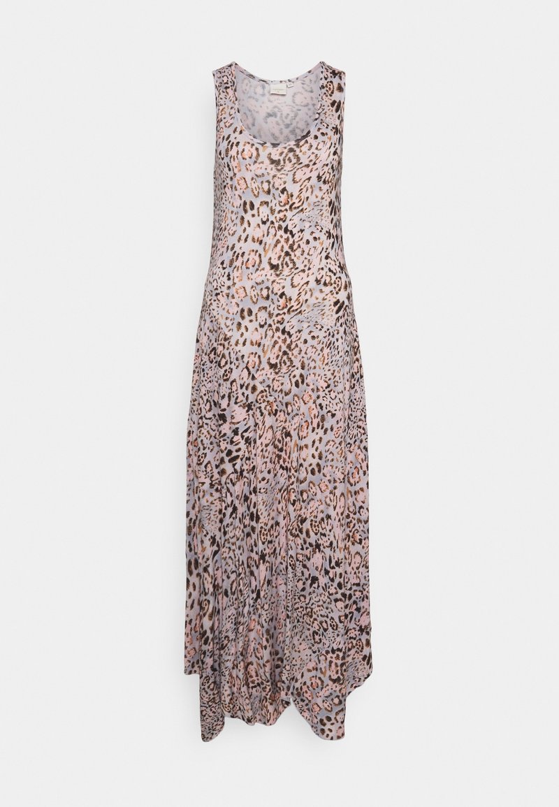 Robe longue sans manches avec un col rond présentant un imprimé léopard rose et marron.