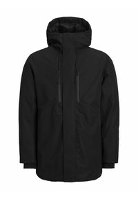 Svart isolerad vinterjacka med hög krage, fäst huva, långa ärmar och två vertikala dragkedjefickor på bröstet.